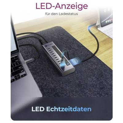 USB-Ladehub mit LED-Statusanzeigen, dargestellt zwischen einem Laptop und Tablet; Text lautet „LED-Anzeige für den Ladestatus" und „LED Echtzeit-Daten".