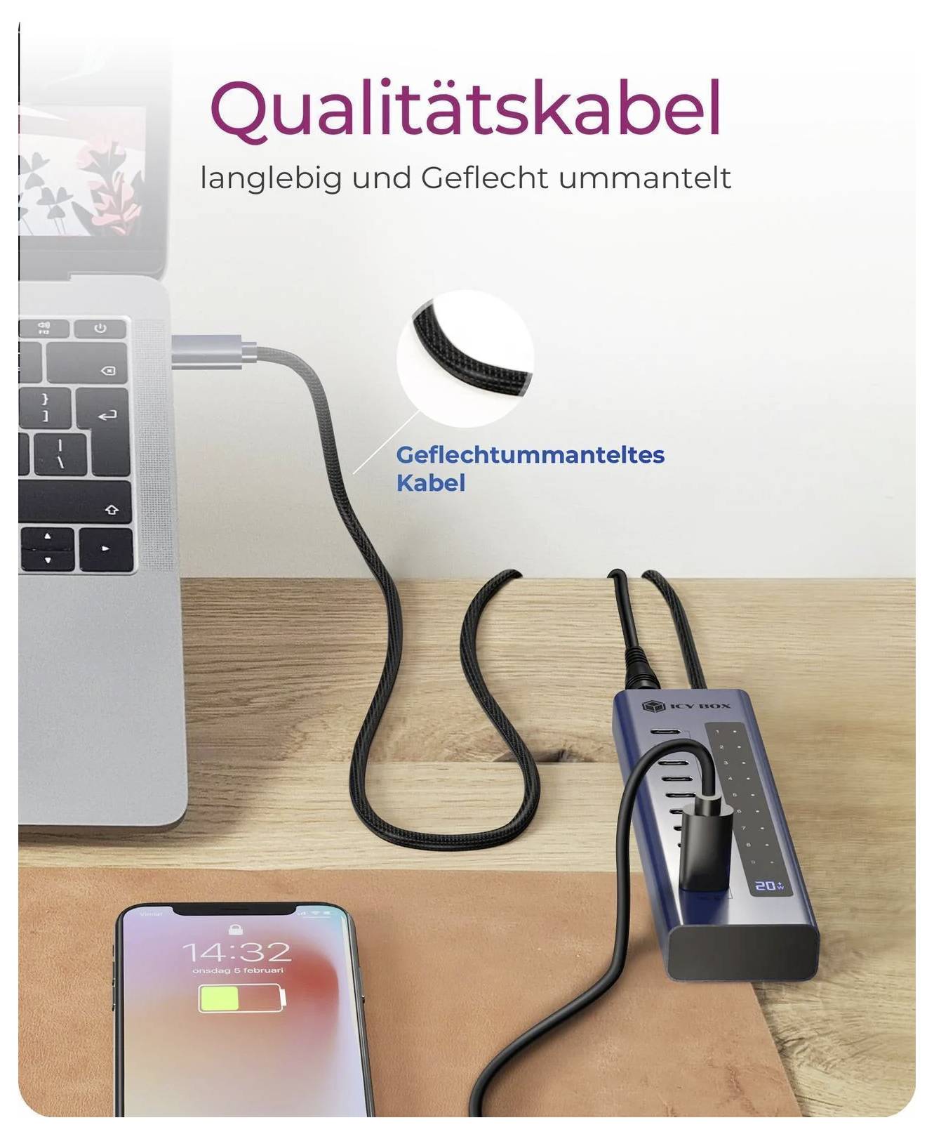 Foto eines geflochtenen Kabels, das einen Laptop, ein Smartphone und ein Multiport-Ladegerät auf einem Schreibtisch verbindet, mit der Beschriftung „Qualitätskabel" und „Geflechtummanteltes Kabel".