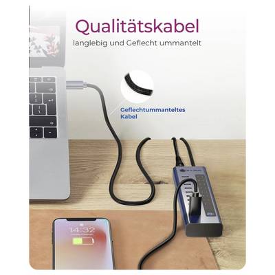 Foto eines geflochtenen Kabels, das einen Laptop, ein Smartphone und ein Multiport-Ladegerät auf einem Schreibtisch verbindet, mit der Beschriftung „Qualitätskabel" und „Geflechtummanteltes Kabel".