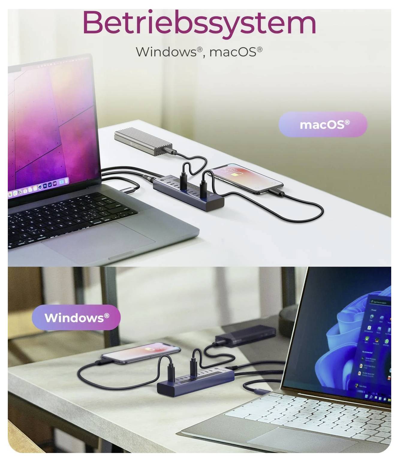 ICY BOX 61171 USB-Hub 10 Port USB-C®, USB-C® PD USB 3.2 Gen2 10 GBit/s LED-Anzeige, mit Aluminiumgehäuse Blau IB-HUB1450-6