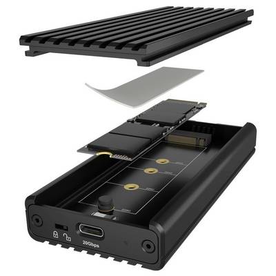 Explosionszeichnung eines USB-C-Gehäuses für externe SSDs mit belüftetem Deckel, Wärmeleitpad, interner Leiterplatte und 20-Gbps-Frontanschluss.