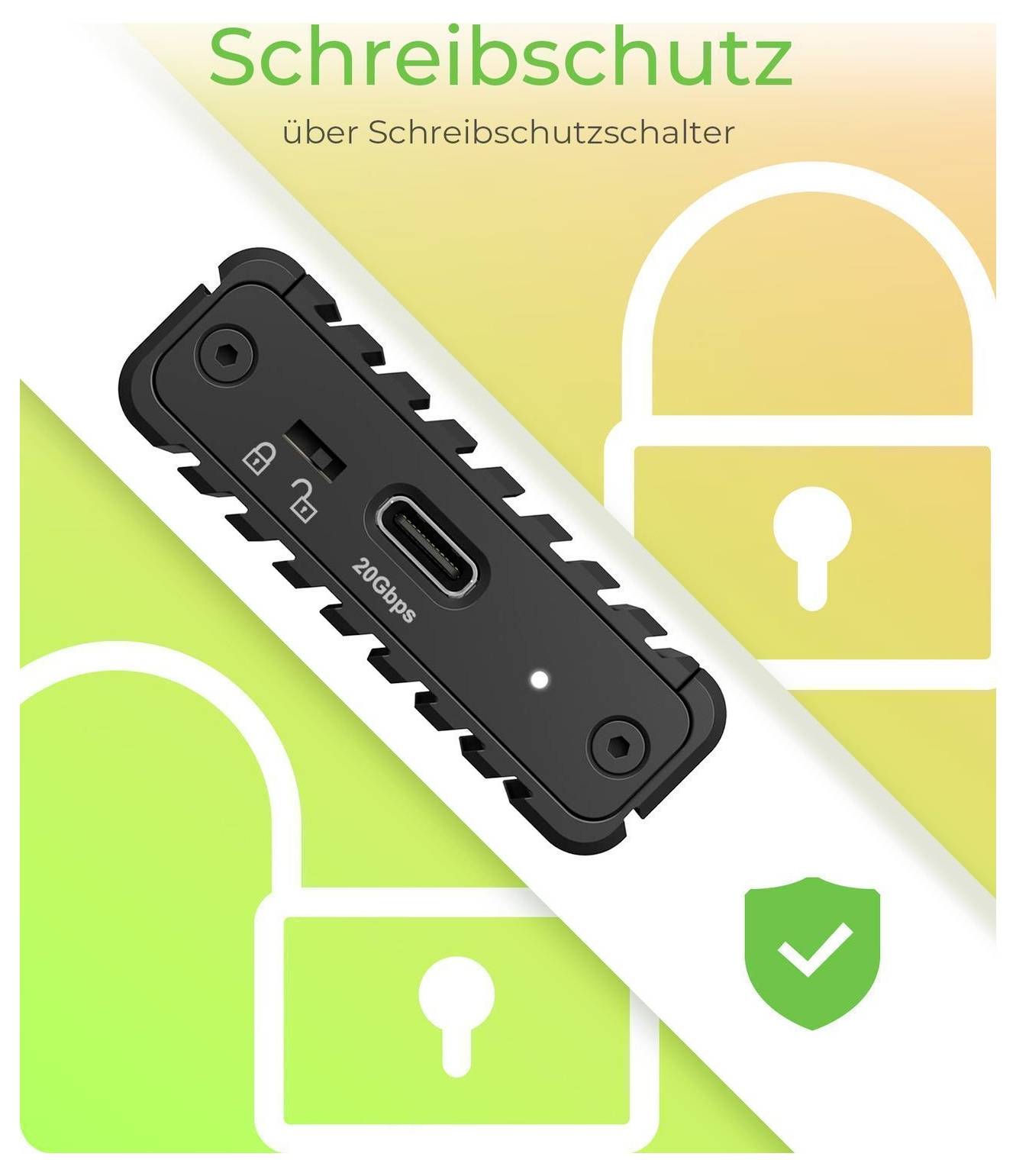 Illustration zur werkzeuglosen SSD-Installation: ein Laufwerksfach und eine SSD richten sich über einem schwarzen Gehäuse aus, mit einem durchgestrichenen Schraubendrehersymbol und deutschem Text „Werkzeuglose SSD-Installation".