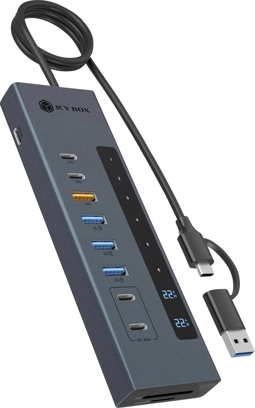 Tragbare USB-C-Hub-/Dockingstation mit angeschlossenen Kabeln, mehreren Anschlüssen einschließlich USB-A, USB-C und Kartensteckplätzen sowie kleinen LED-Temperaturanzeigen.