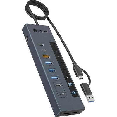 Tragbare USB-C-Hub-/Dockingstation mit angeschlossenen Kabeln, mehreren Anschlüssen einschließlich USB-A, USB-C und Kartensteckplätzen sowie kleinen LED-Temperaturanzeigen.