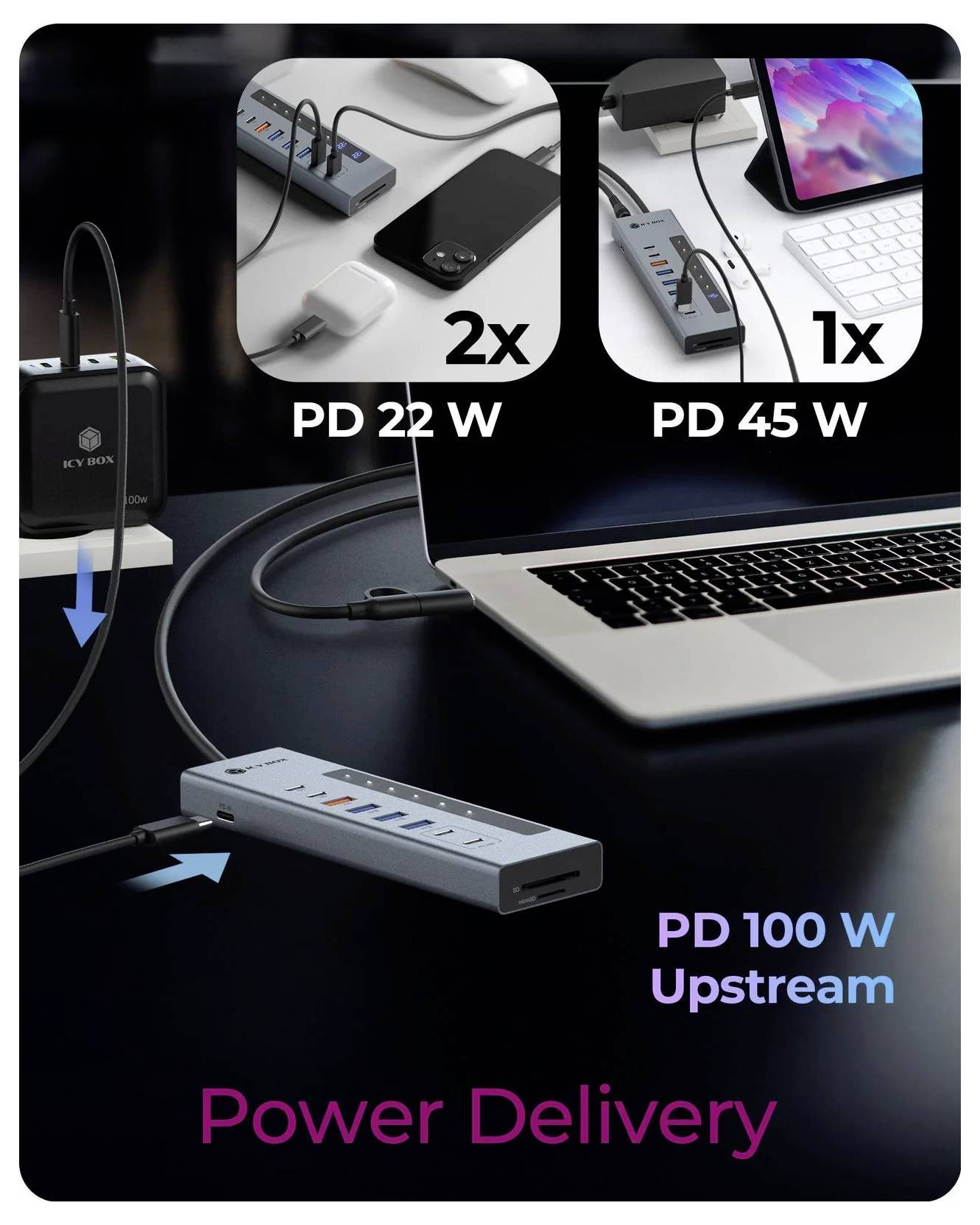 Stromversorgungshub-Diagramm, das 100 W Upstream-Ladung für einen Laptop zeigt, mit zwei 22-W-Anschlüssen oder einem 45-W-Anschluss.