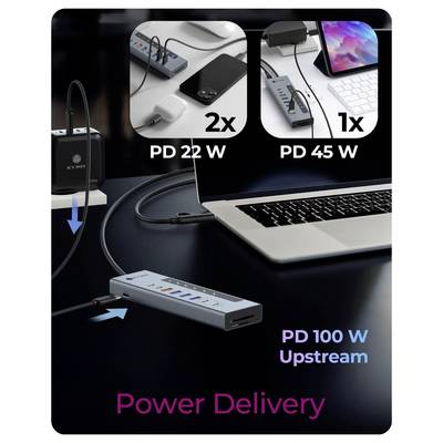 Stromversorgungshub-Diagramm, das 100 W Upstream-Ladung für einen Laptop zeigt, mit zwei 22-W-Anschlüssen oder einem 45-W-Anschluss.