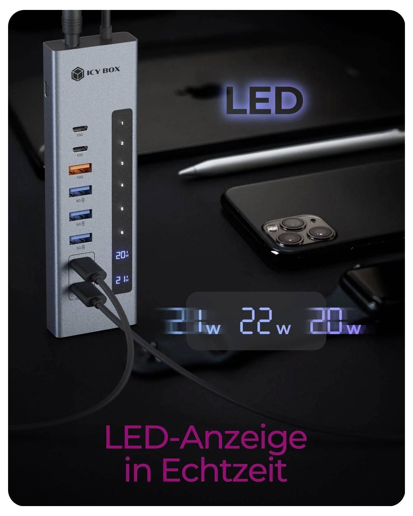 ICY BOX 61159 USB-Hub 7+2 Port USB-C® (USB 3.2 Gen 2), USB-C® PD, USB-A (USB 3.2 Gen 2), USB-A (USB 3.2 Gen 1), SDHC, SD-5