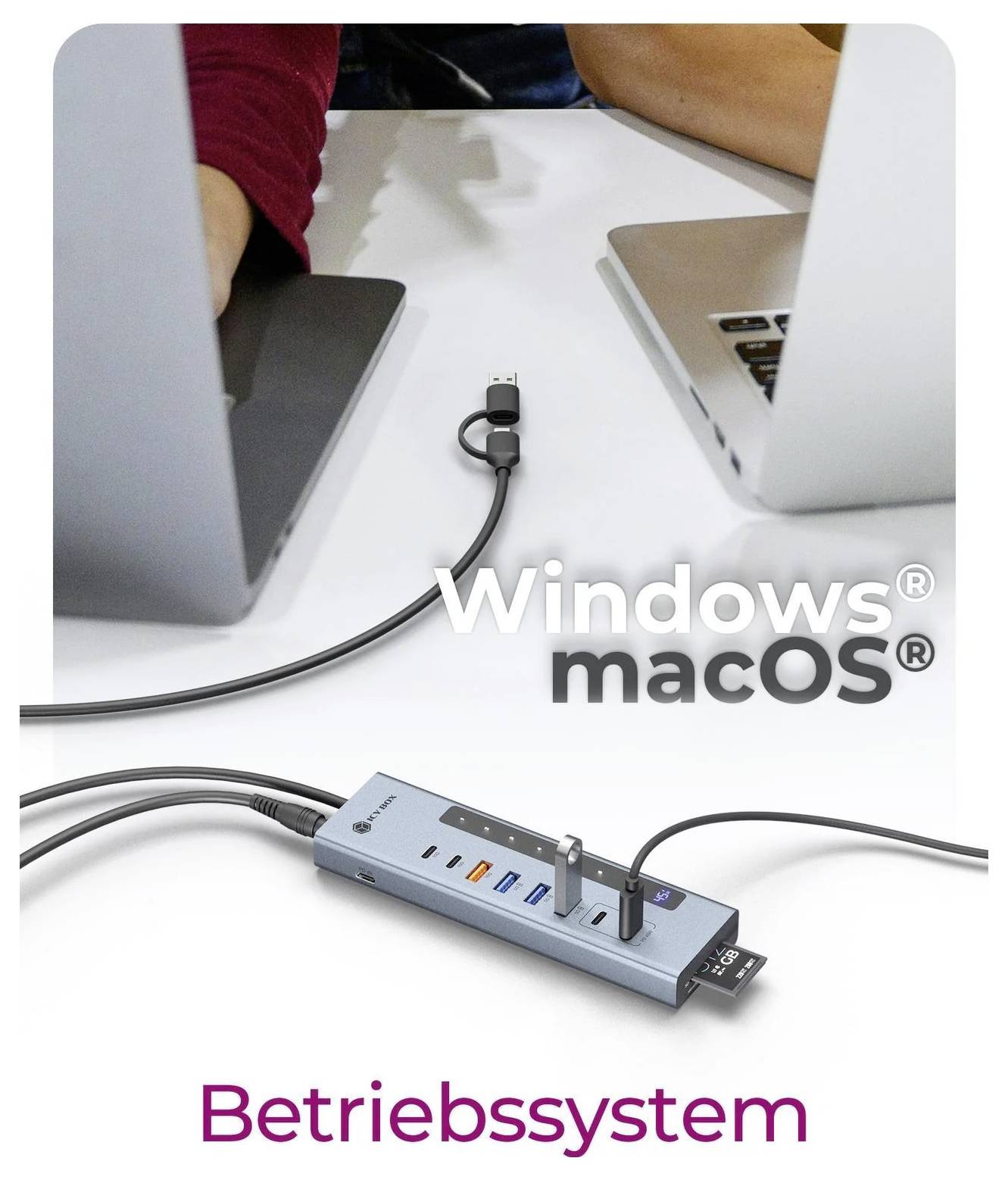 USB-C-Hub zwischen einem Windows- und macOS-Laptop mit der deutschen Bezeichnung „Betriebssystem", die die Kompatibilität mit dem Betriebssystem anzeigt.