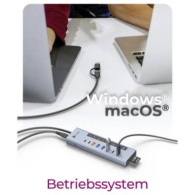 USB-C-Hub zwischen einem Windows- und macOS-Laptop mit der deutschen Bezeichnung „Betriebssystem", die die Kompatibilität mit dem Betriebssystem anzeigt.