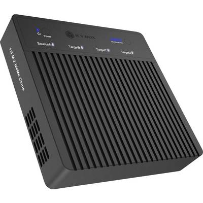 Schwarze 1-zu-3 NVMe-Klon-Dockingstation mit Stromversorgung und Quell-/Zielstatus-LEDs oben.