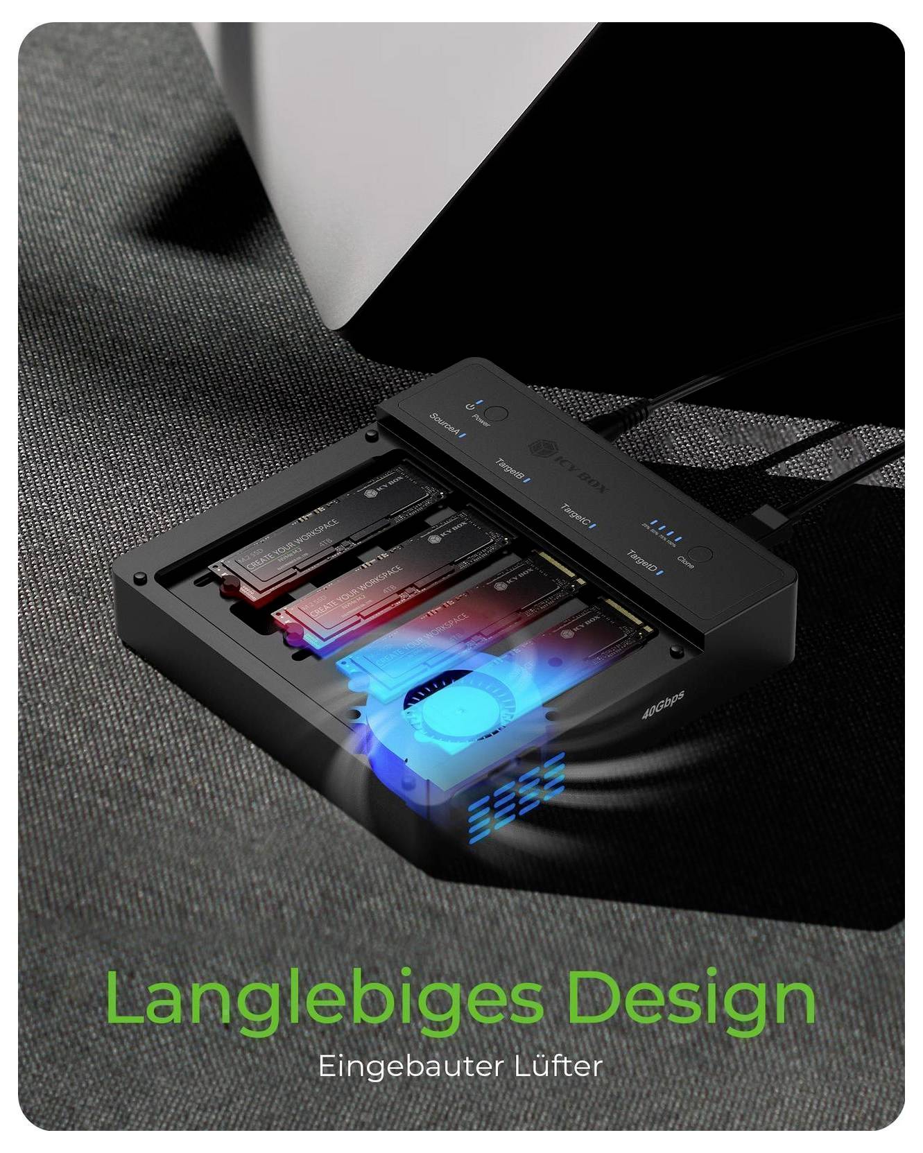 Schwarze rechteckige Kühleinheit mit leuchtendem blauem Lüfter und roten Kühlkörpern, gezeigt auf einer laptopähnlichen Oberfläche; Text sagt „Langlebiges Design" und „Eingebauter Lüfter".
