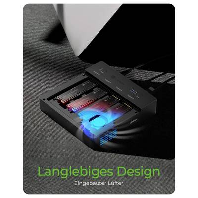 Schwarze rechteckige Kühleinheit mit leuchtendem blauem Lüfter und roten Kühlkörpern, gezeigt auf einer laptopähnlichen Oberfläche; Text sagt „Langlebiges Design" und „Eingebauter Lüfter".