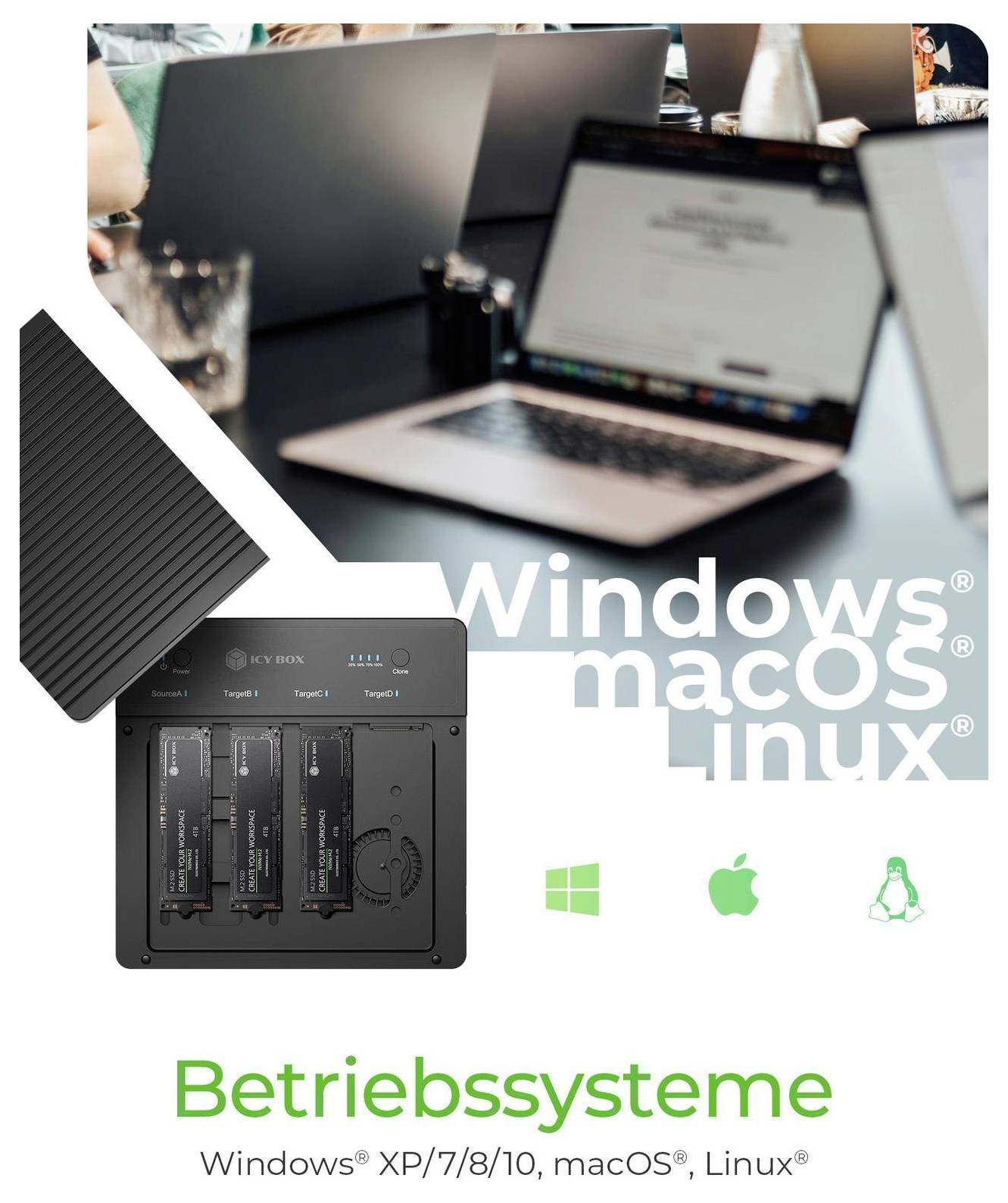 Illustration der Wärmableitung: ein gefinntes Aluminiumbauteil beschriftet mit „Wärmeableitung" mit Pfeilen, die Wärme abfließend zeigen, und Text „Wärmeleitpad + Aluminiumgehäuse Niedrigere Kerntemperaturen".