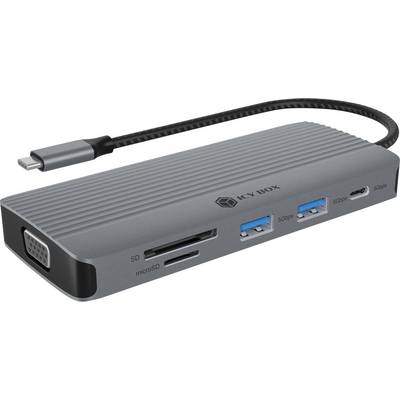 Grauer USB-C-Hub mit angeschlossenem Kabel, bietet HDMI-, SD- und microSD-Steckplätze, zwei USB-3.0-Anschlüsse und einen USB-C-Anschluss zur Laptop-Erweiterung.