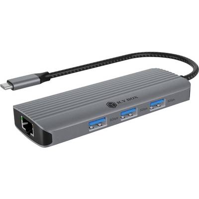 Grauer USB-C Multifunktionsadapter mit Ethernet-Anschluss, zwei USB-A-Anschlüssen und einem USB-C-Verbindungskabel.