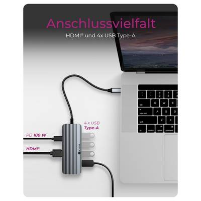 Werbebild eines USB-C-Hubs für einen Laptop, gekennzeichnet mit "Anschlussvielfalt", mit HDMI- und 4x USB-Typ-A-Anschlüssen sowie "PD 100 W" Stromversorgung.