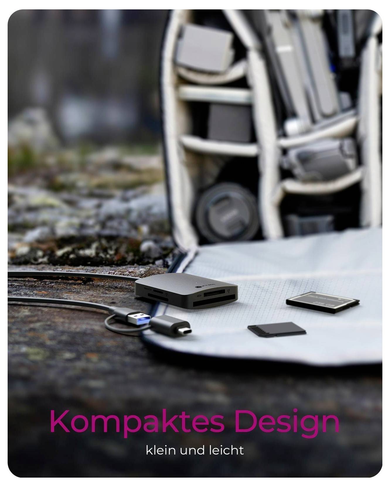 Kompaktes tragbares Gerät mit Kabeln und Zubehör auf einer Matte, das die Texte „Kompaktes Design" und „klein und leicht" zeigt (kompaktes Design, klein und leicht).