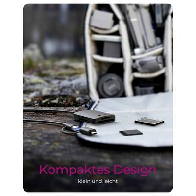 Kompaktes tragbares Gerät mit Kabeln und Zubehör auf einer Matte, das die Texte „Kompaktes Design" und „klein und leicht" zeigt (kompaktes Design, klein und leicht).