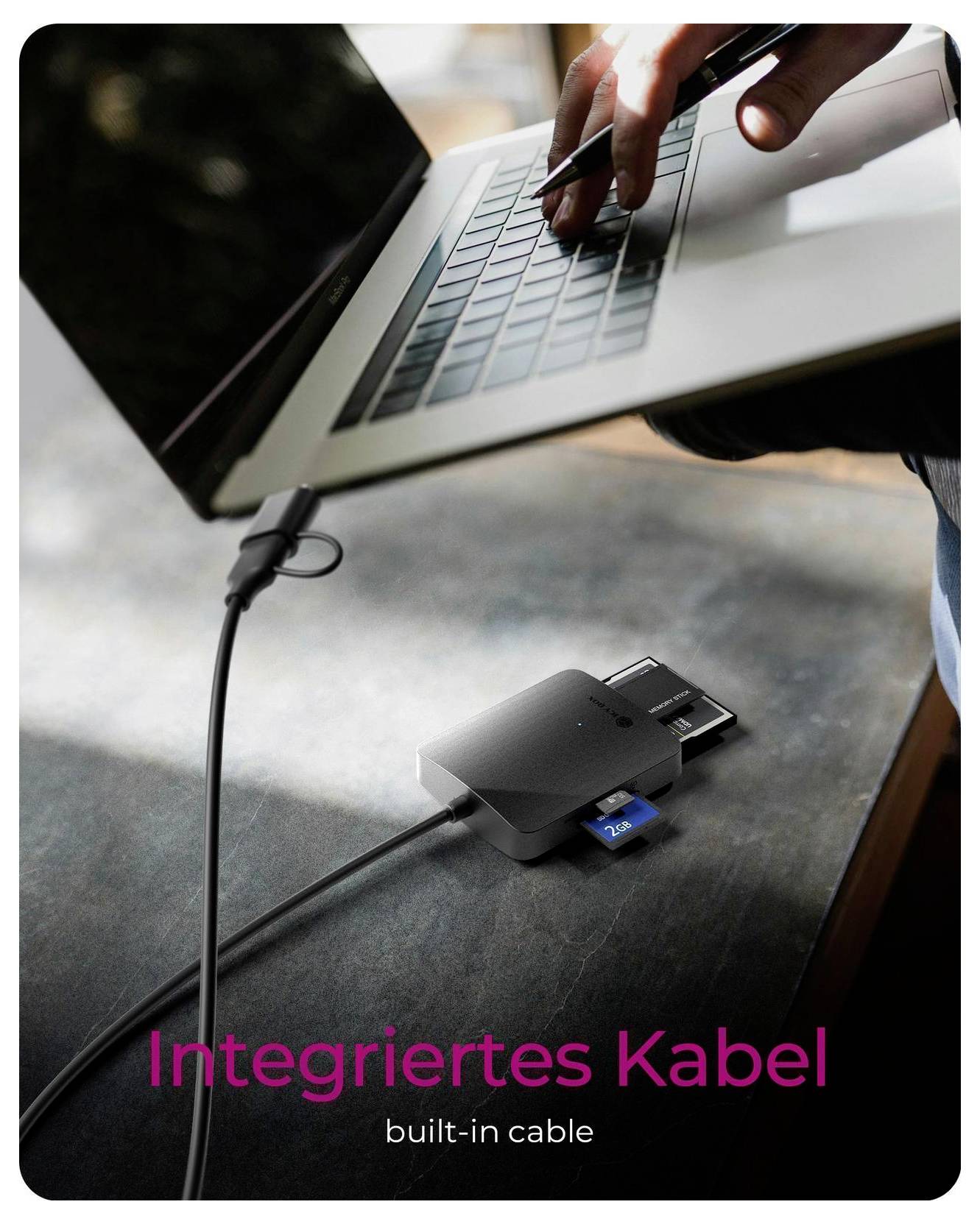 Abbildung eines integrierten Kabels mit der Bezeichnung „Integriertes Kabel" und „20 cm Kabellänge", das ein kurzes 20 cm langes Kabel zeigt, das ein Gerät mit einem Laptop verbindet.