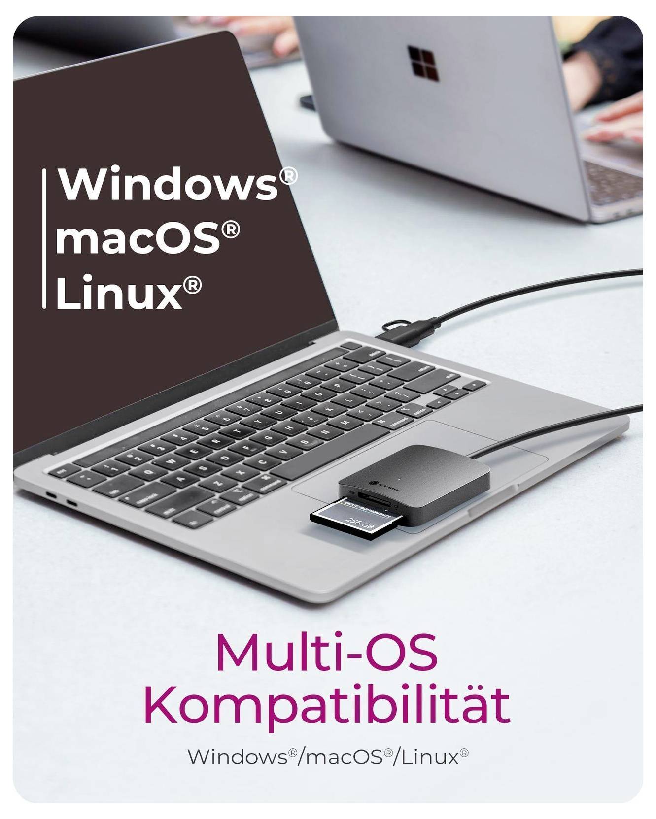 Laptop mit einem USB-Gerät und dem Text „Windows", „macOS", „Linux" und „Multi-OS-Kompatibilität", was die Kompatibilität über verschiedene Betriebssysteme hinweg anzeigt.