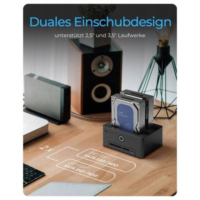 Werbebild eines kleinen Geräts mit zwei vertikalen Schlitzen auf einem Schreibtisch, mit deutschem Text „Eigenständiges Klonen" und „Klonen ohne Computer", das computerfreies Klonen bewirbt.