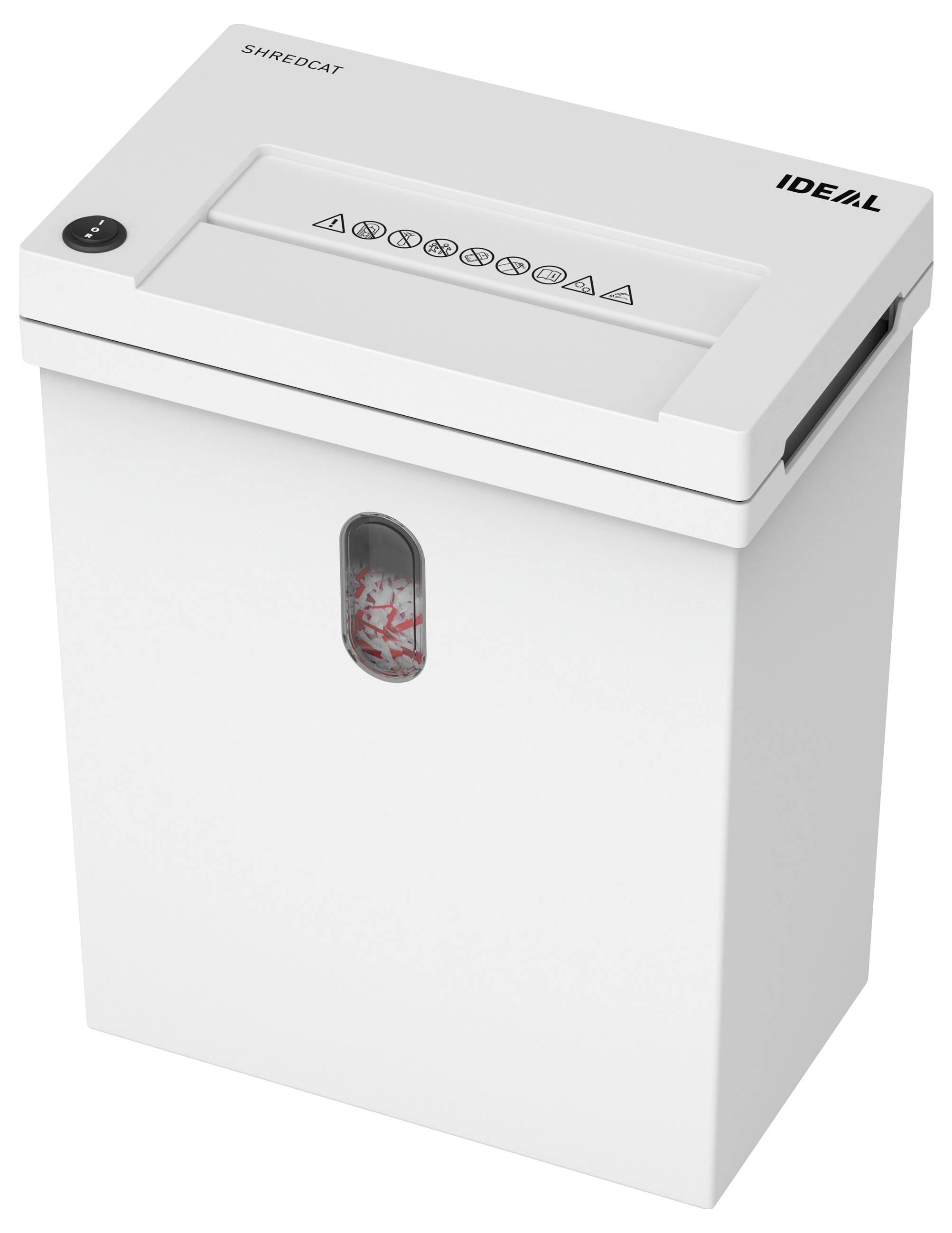 Weißer IDEAL SHREDCAT Papierschredder mit oberen Einzugsschlitz und kleinem Sichtfenster, das geschredderte Papiere im Inneren zeigt.