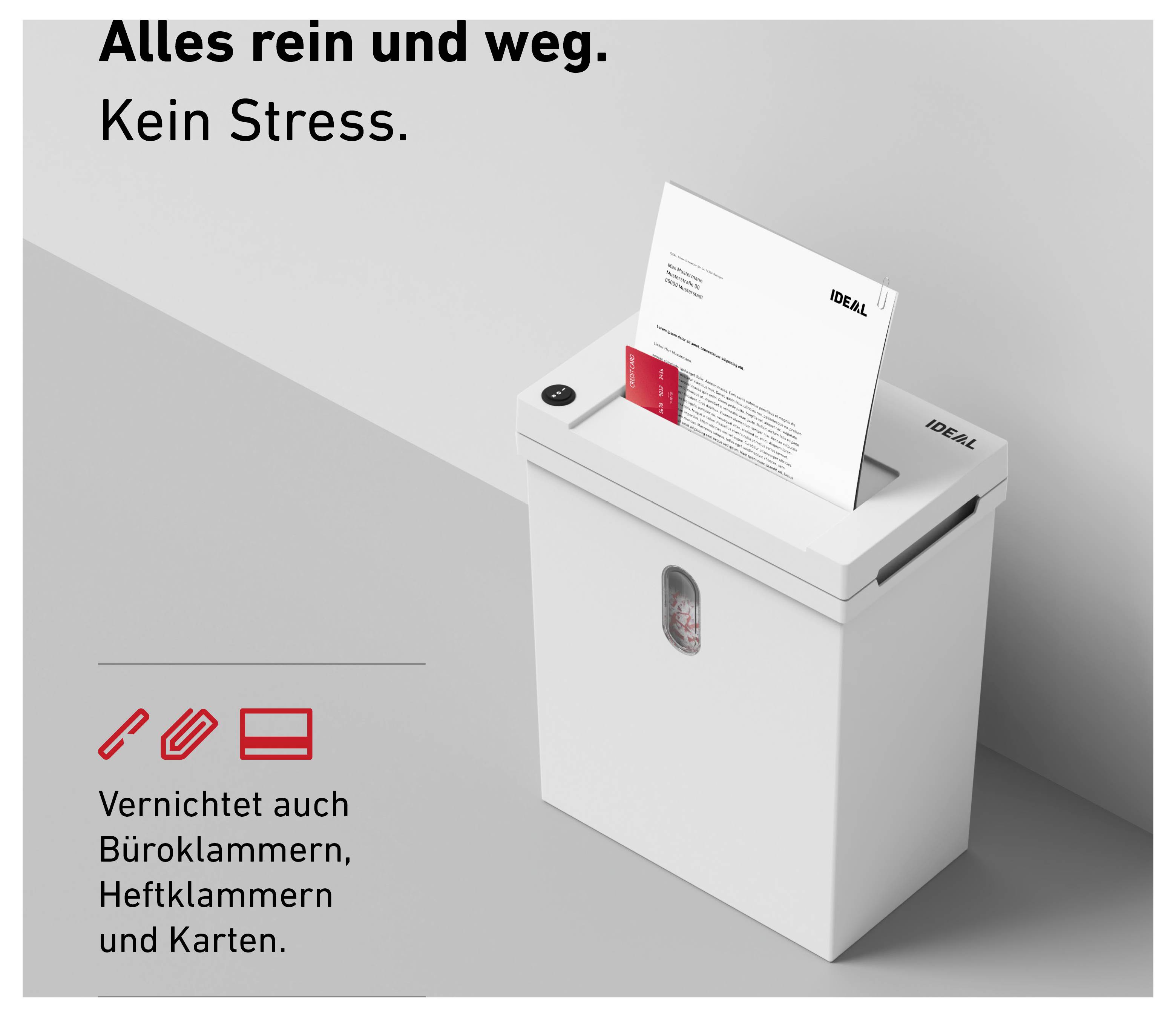 Werbung für einen Aktenvernichter: Schreddert auch Büroklammern, Heftklammern und Karten; Slogan 'Alles rein und weg. Kein Stress.'<br>
