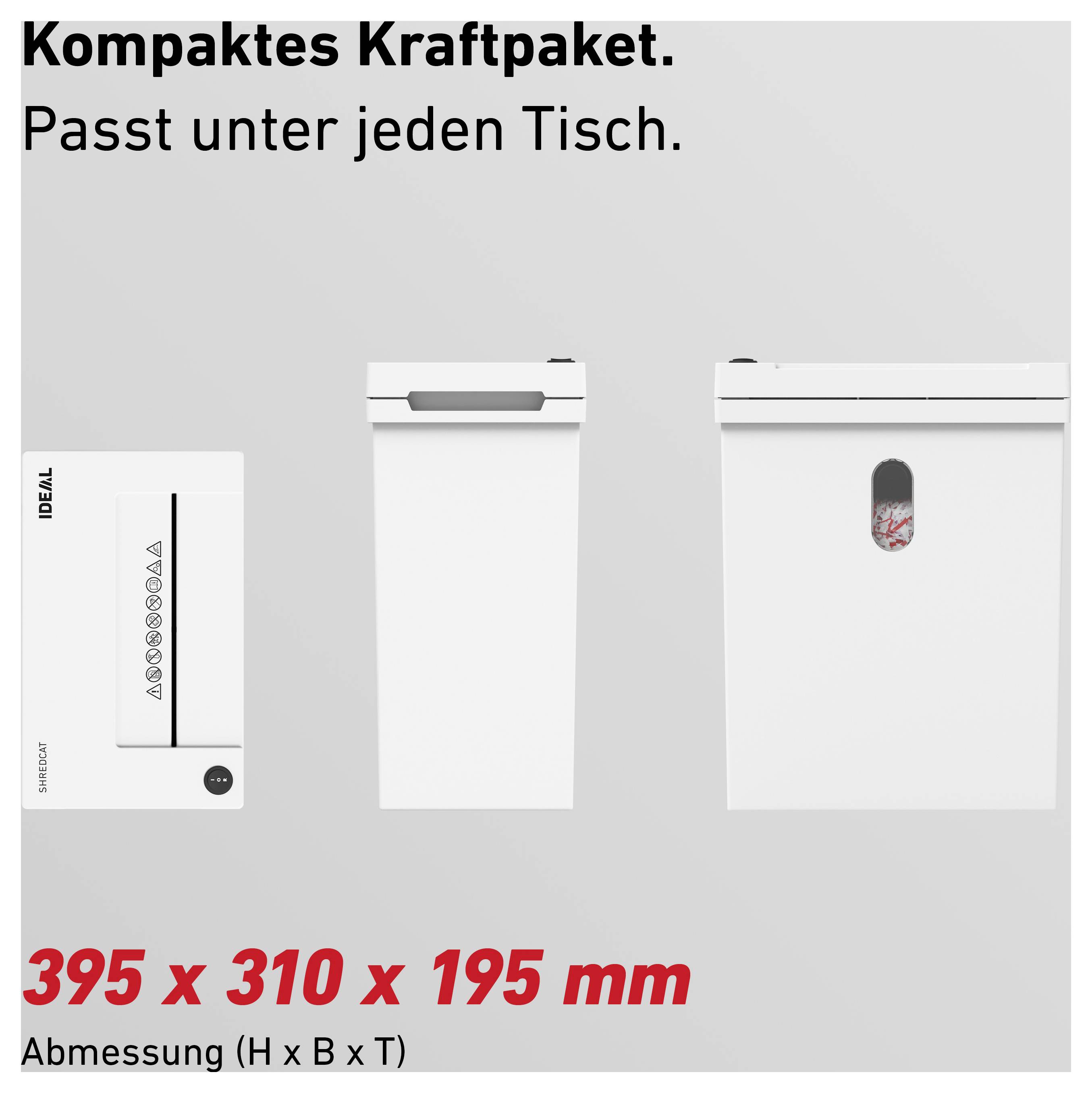 Werbegrafik mit drei weißen, kompakten Geräten; Text: 'Kompaktes Kraftpaket. Passt unter jeden Tisch.' und Maße '395 x 310 x 195 mm'.<br>