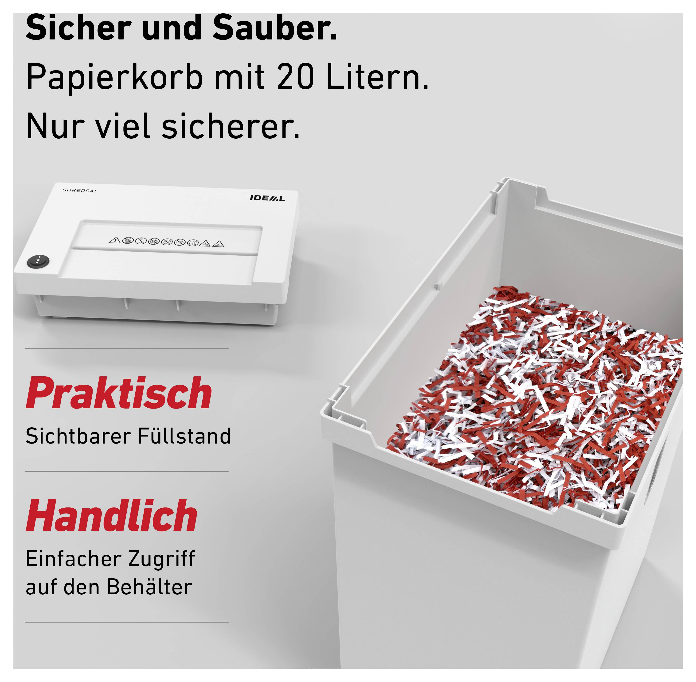 Werbeabbildung eines 20-Liter-Papierkorbs mit Deckel und sichtbarem Füllstand; Text betont 'Sicher und Sauber', 'Praktisch' und 'Handlich'.