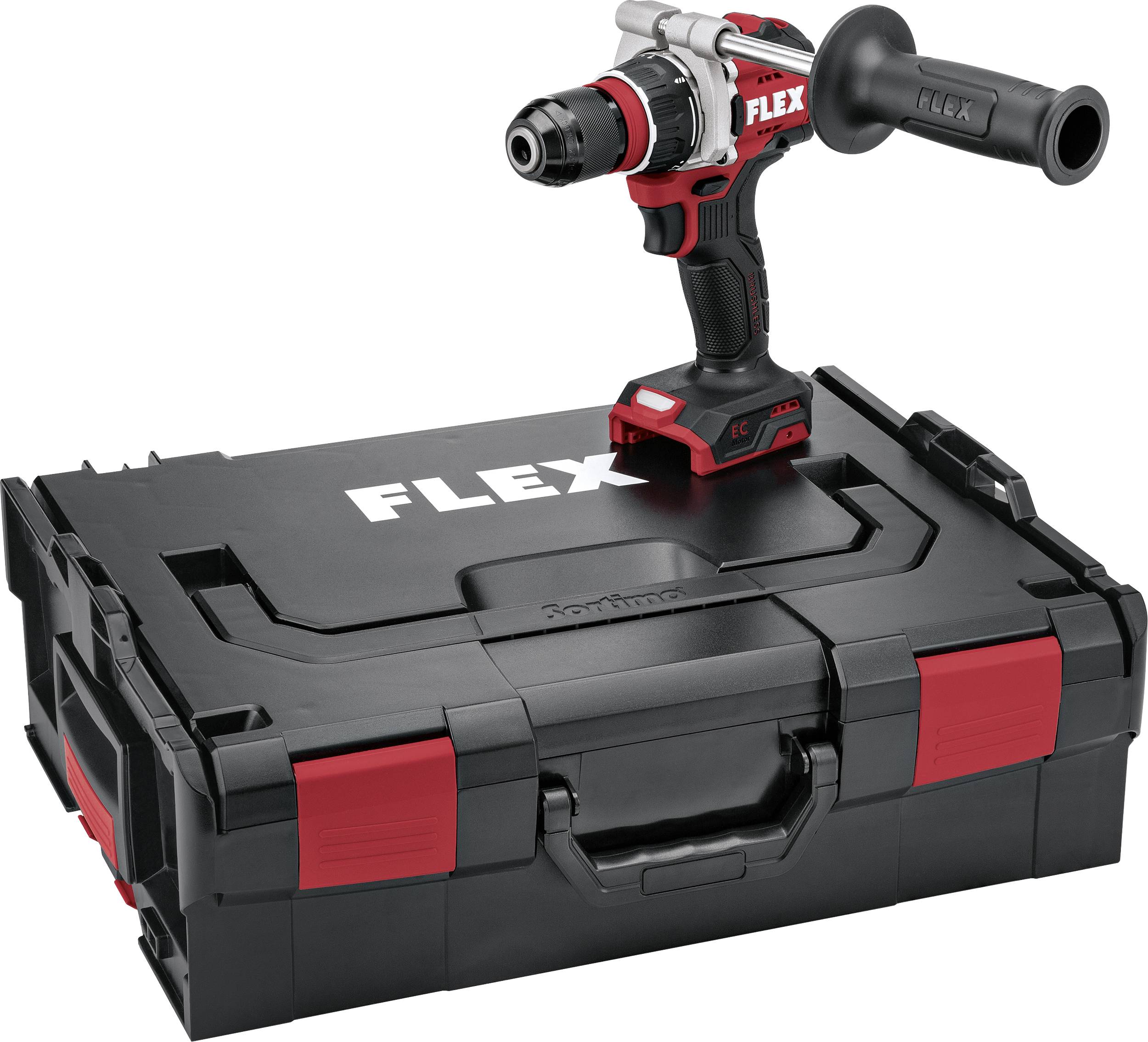 Kabelloses FLEX-Bohrschraubergerät mit Seitengiff auf einem schwarzen FLEX-Transportkoffer positioniert.