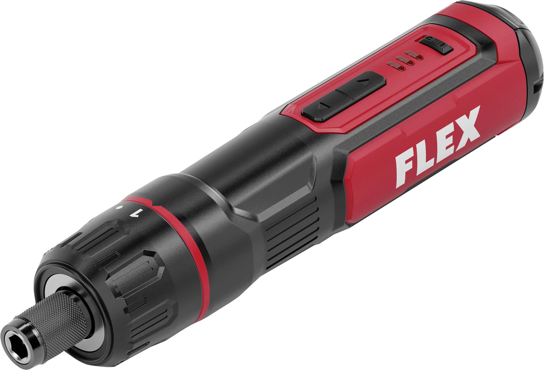 Rotes und schwarzes FLEX-Akku-Elektroschleifsystem mit Spannzange und Drehzahlregler, dargestellt auf weißem Hintergrund.