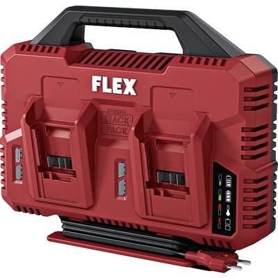 Rote FLEX STACK PACK Werkzeugkiste mit schwarzem Griff, Seitenlüftungsschlitzen, Batterieladestandsanzeige und angebrachtem rotem Stromkabel am Boden.