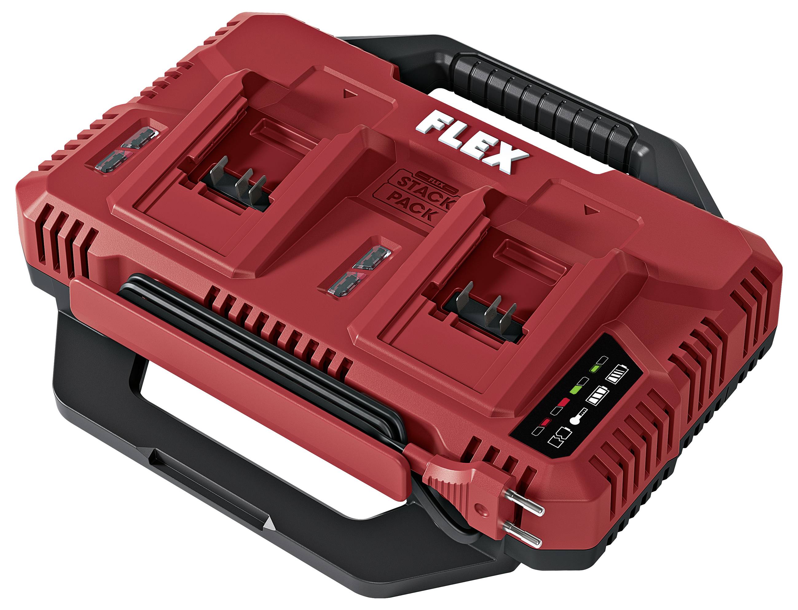 Roter FLEX Stack Pack Batterieladegerät mit zwei Ladeschächten, Griff und Kontrollleuchten auf der Frontplatte.