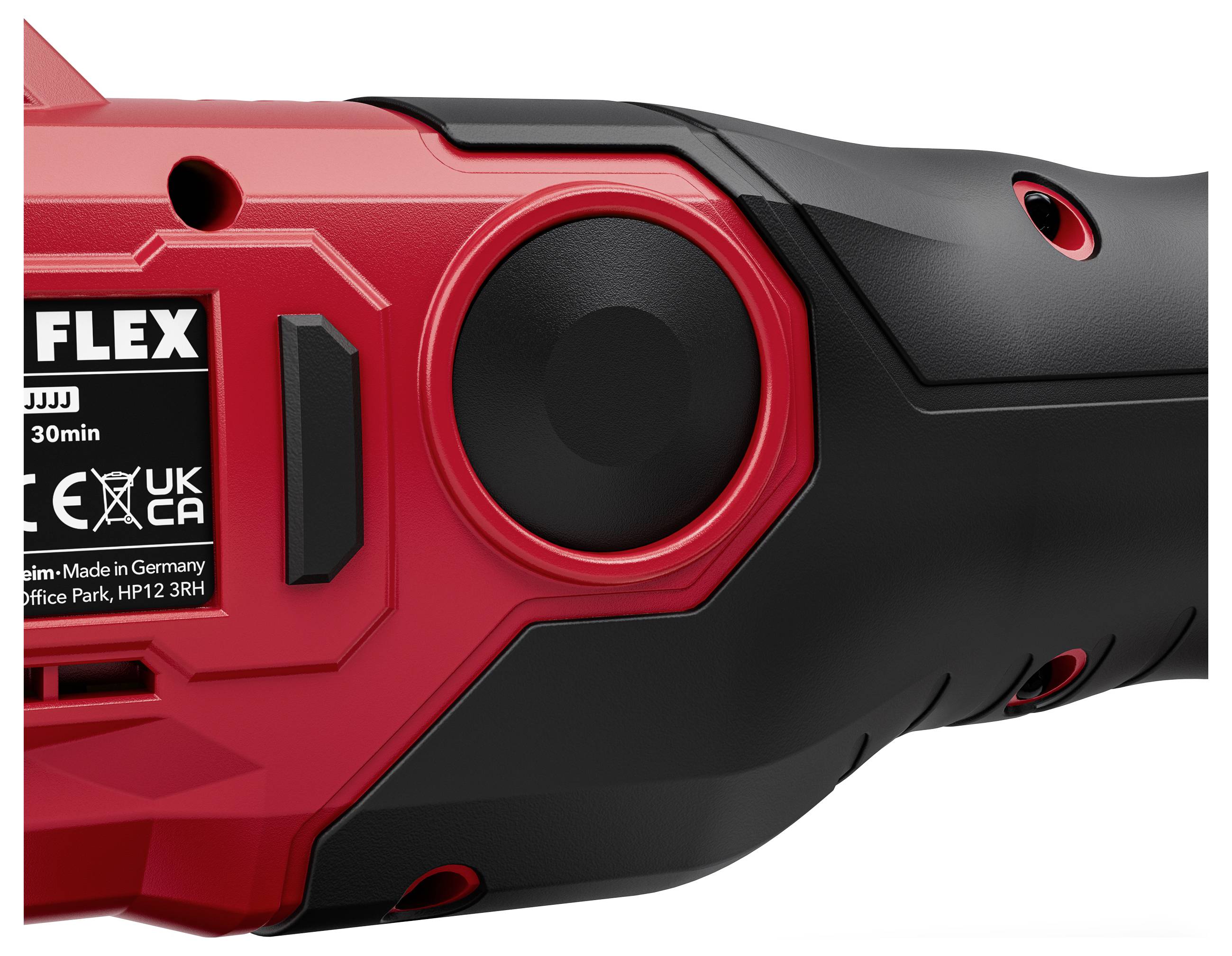 Nahaufnahme eines rot-schwarzen FLEX-Elektrowerkzeugs mit großem kreisförmigem Seitenknopf und sichtbaren Etikettendetails.