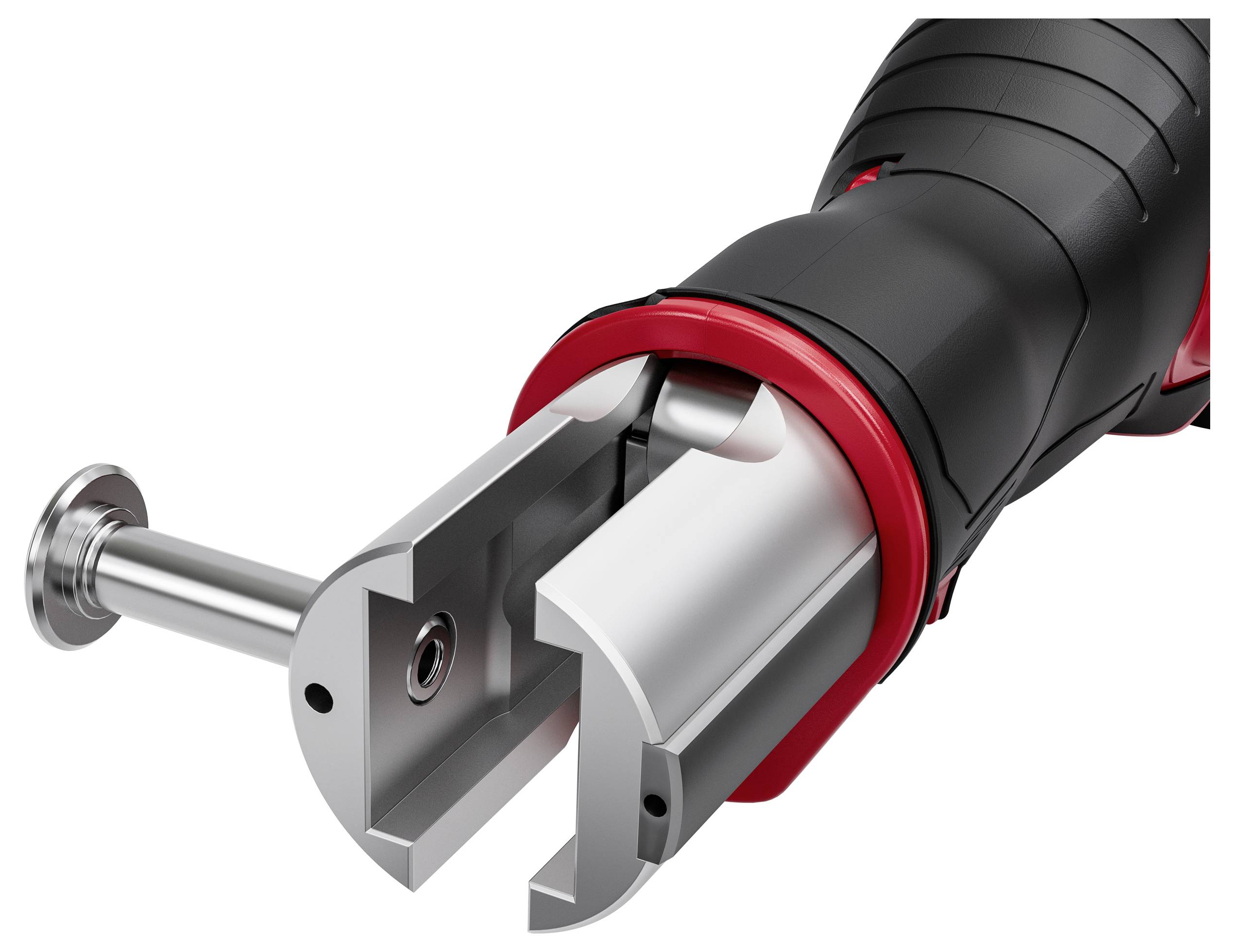 Nahaufnahme eines schwarz-roten tragbaren Elektrowerkzeugkopfs mit einer Metallbladhalterung und Führungsstift, gezeigt auf weißem Hintergrund.
