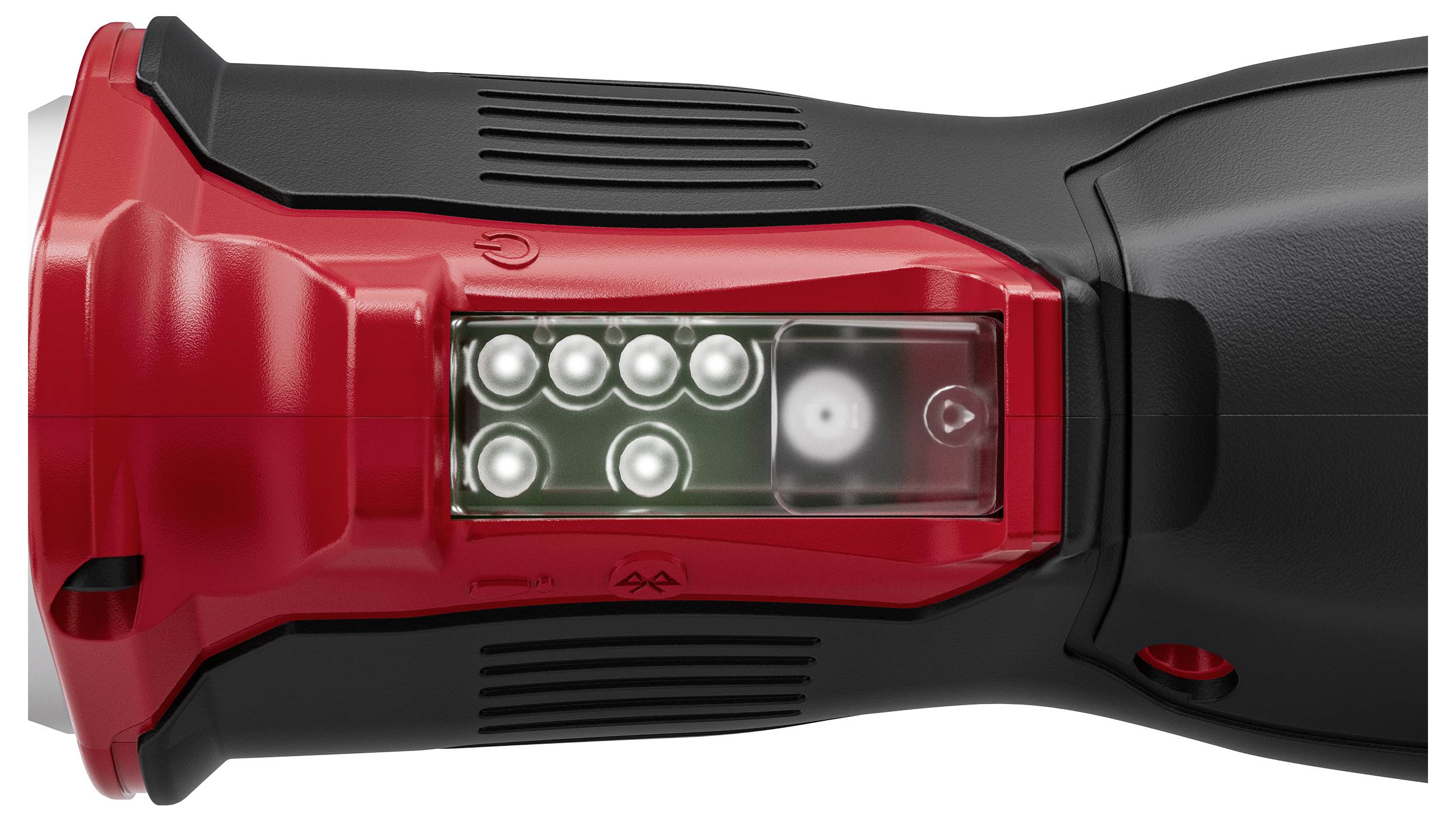 Nahaufnahme einer schwarz-roten tragbaren Taschenlampe oder Arbeitsleuchte mit einer klaren Frontlinse, die mehrere LEDs auf weißem Hintergrund zeigt.