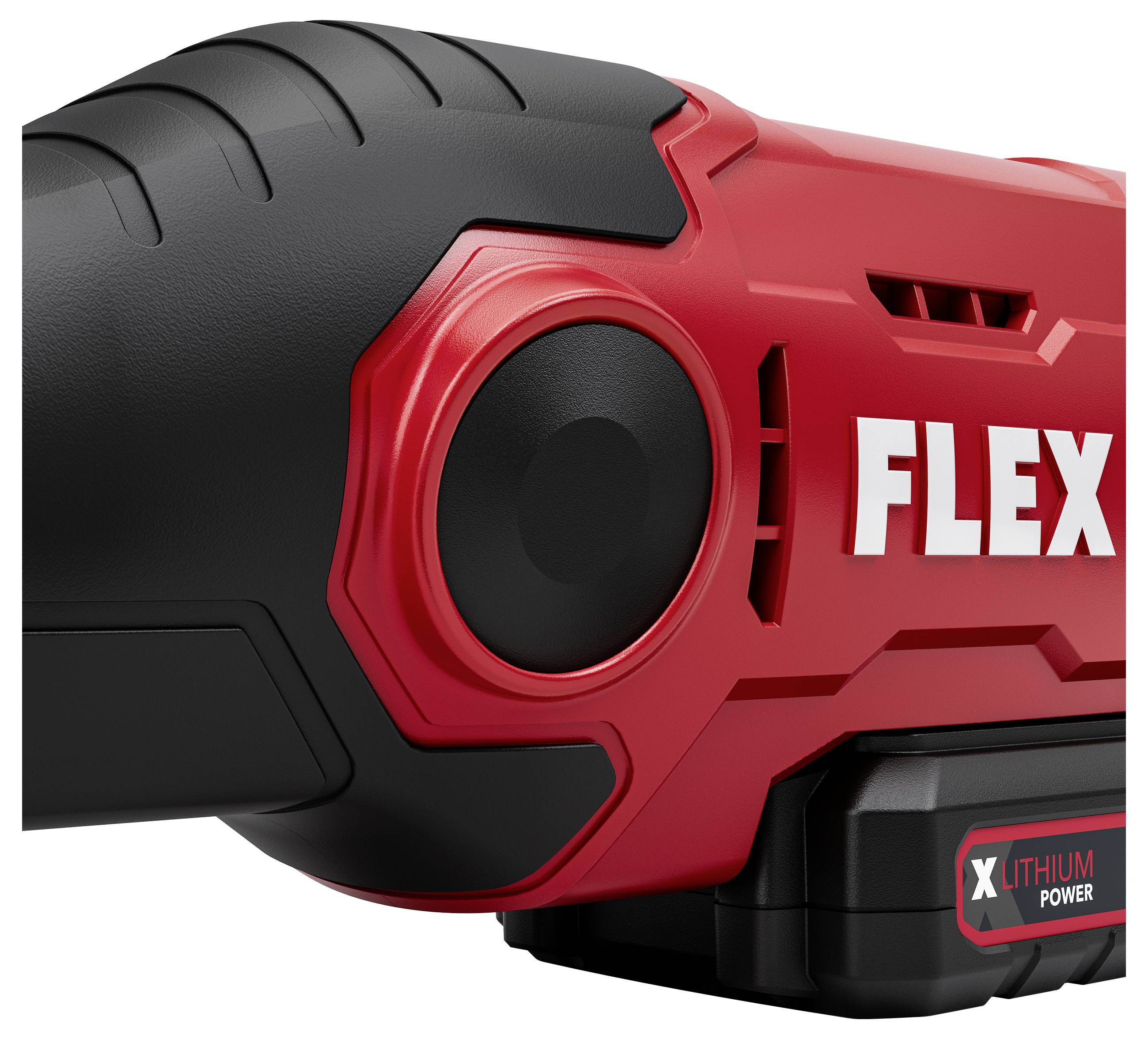 Nahaufnahme einer roten und schwarzen FLEX-Lithium-Elektrowerkzeug-Batterie mit großem rundem Knopf und "FLEX"-Branding.