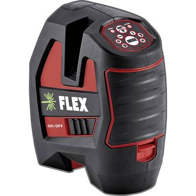 Schwarzes und rotes FLEX-Laserniveau mit Steuertasten oben, Ein-/Ausschalter und frontalem Fenster zur Projektion von Nivellierlinie.