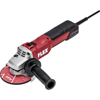 Rot-schwarzer FLEX-Winkelschleifer mit Kabel, Seitenschliff und Schneidscheibe auf weißem Hintergrund.