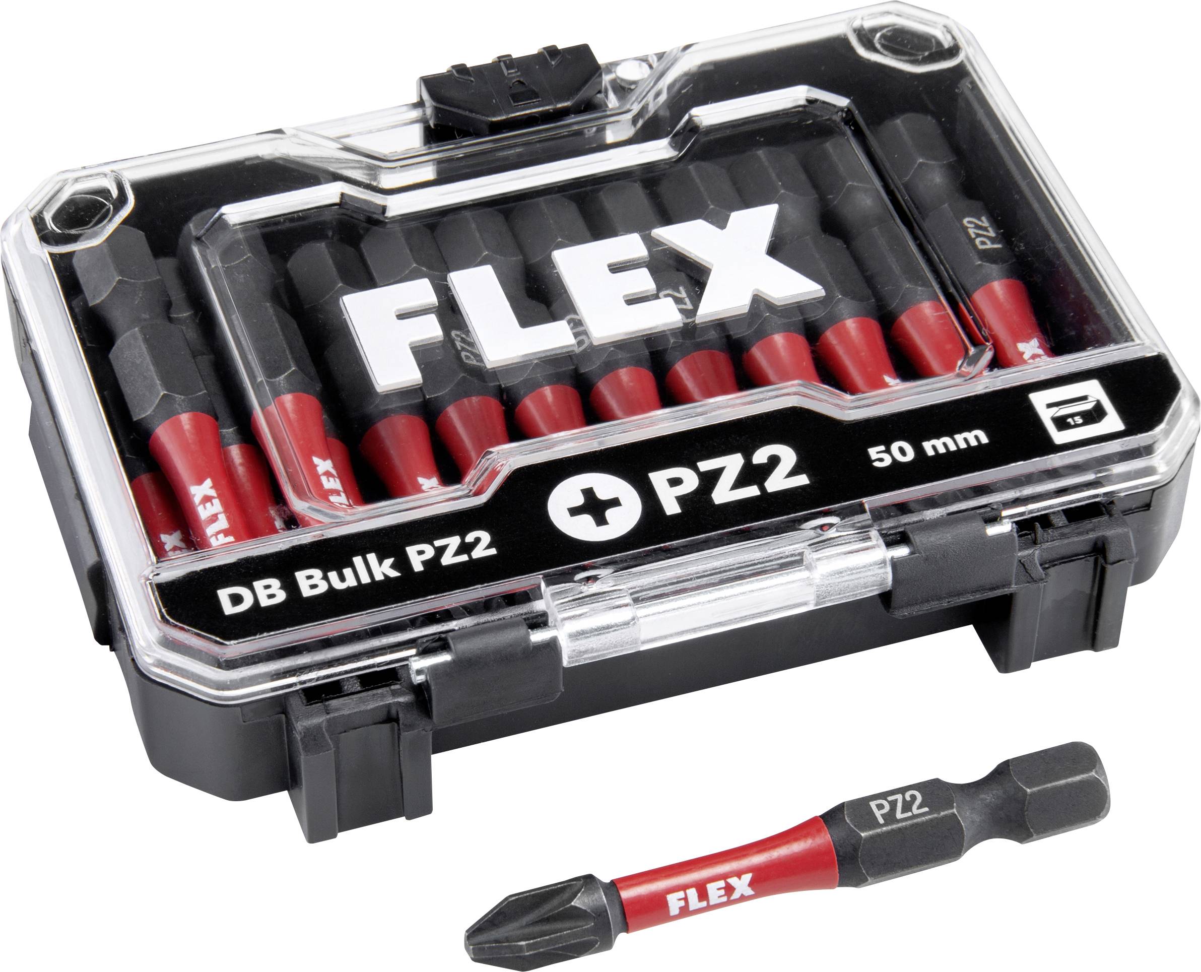 FLEX DB Bulk PZ2 50 mm Schraubendreher-Bitset in einem durchsichtigen Kunststoffgehäuse, mit einem außerhalb des Gehäuses gezeigten PZ2-Bit.