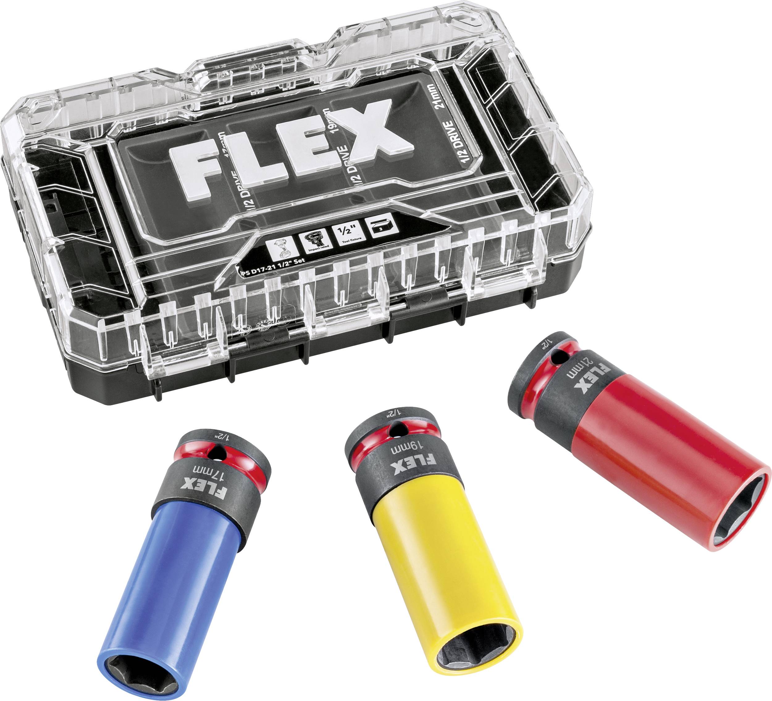 Durchsichtige FLEX-Bohraufsatz-Lagerkiste aus Kunststoff mit drei farbcodierten Sockeladaptern oder Bithaltern in Blau, Gelb und Rot.