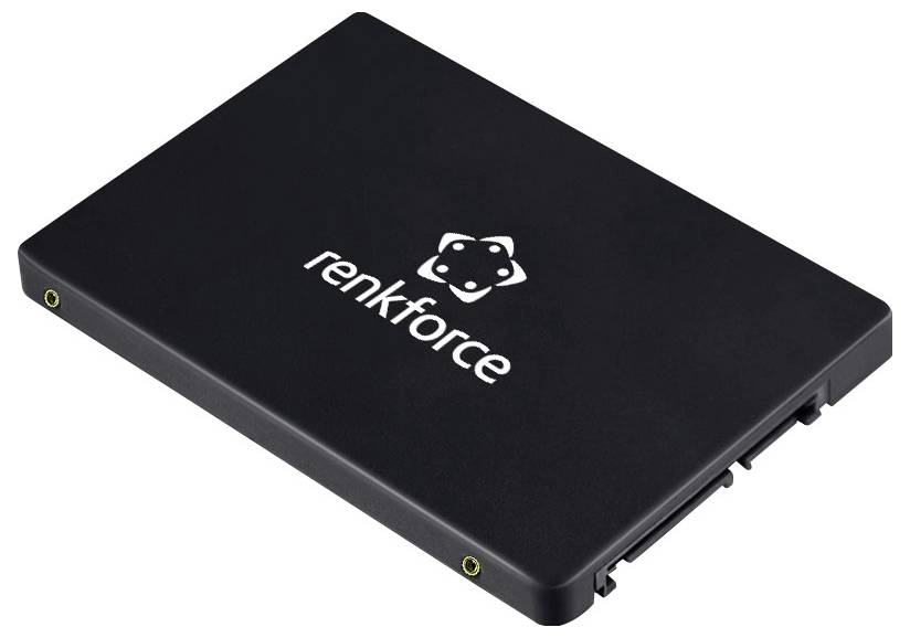 Schwarzes Renkforce externes Speicherlaufwerk oder Gehäuse in schrägem Produktblick auf weißem Hintergrund.