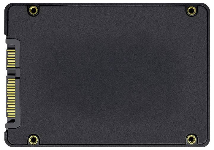 Nahaufnahme eines schwarzen Solid-State-Drives mit Ansicht des SATA-Anschlussbereichs und Befestigungslöchern.