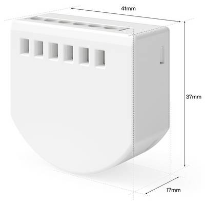 Weißes rechteckiges elektronisches Modul mit Lüftungsschlitzen, dargestellt in 3D mit beschrifteten Abmessungen von 41mm Breite, 37mm Höhe und 17mm Tiefe.