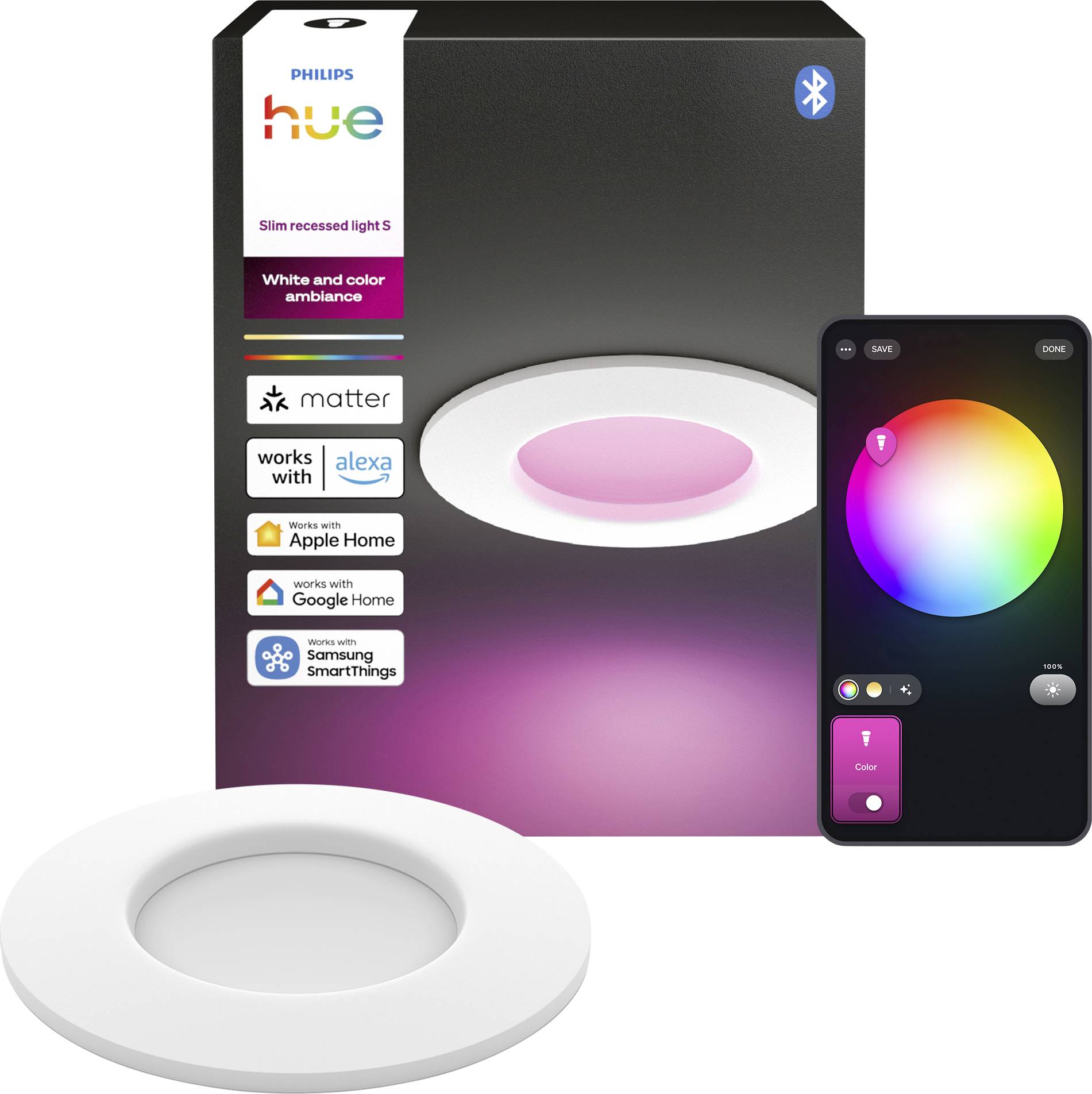 Philips Hue Slim Recessed Light S Verpackung mit app-gesteuertem weißem und farbigem Ambiente, die ein weißes bündiges Deckenleuchte und Smart-Home-Kompatibilitätssymbole zeigt.
