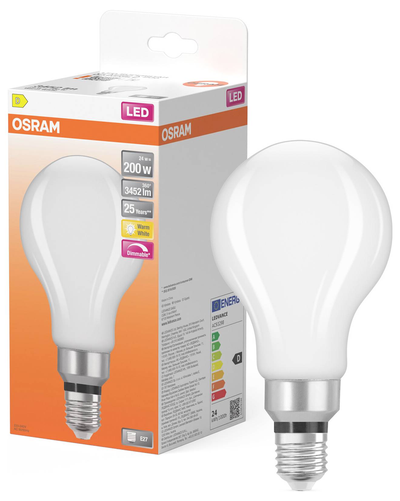 OSRAM LED-Glühbirne in Verpackung und Birne gezeigt, beschriftet mit „200 W", „3452 lm", „25 Jahre", „warmweiß" und „Dimmbar".