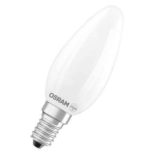 OSRAM kerzenförmige LED-Glühbirne mit mattem weißem Glasschirm und Schraubsockel auf weißem Hintergrund.