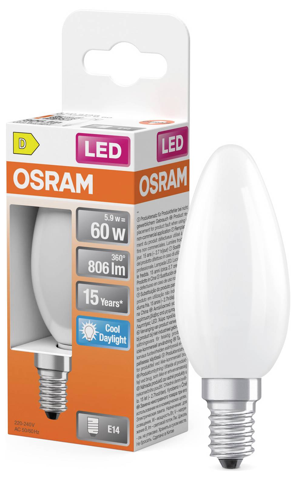 OSRAM LED-Kerzenlampe in Einzelhandelsverpackung, gekennzeichnet als 60W-Äquivalent, 806 lm, 15 Jahre, Kühles Tageslicht, E14-Sockel.