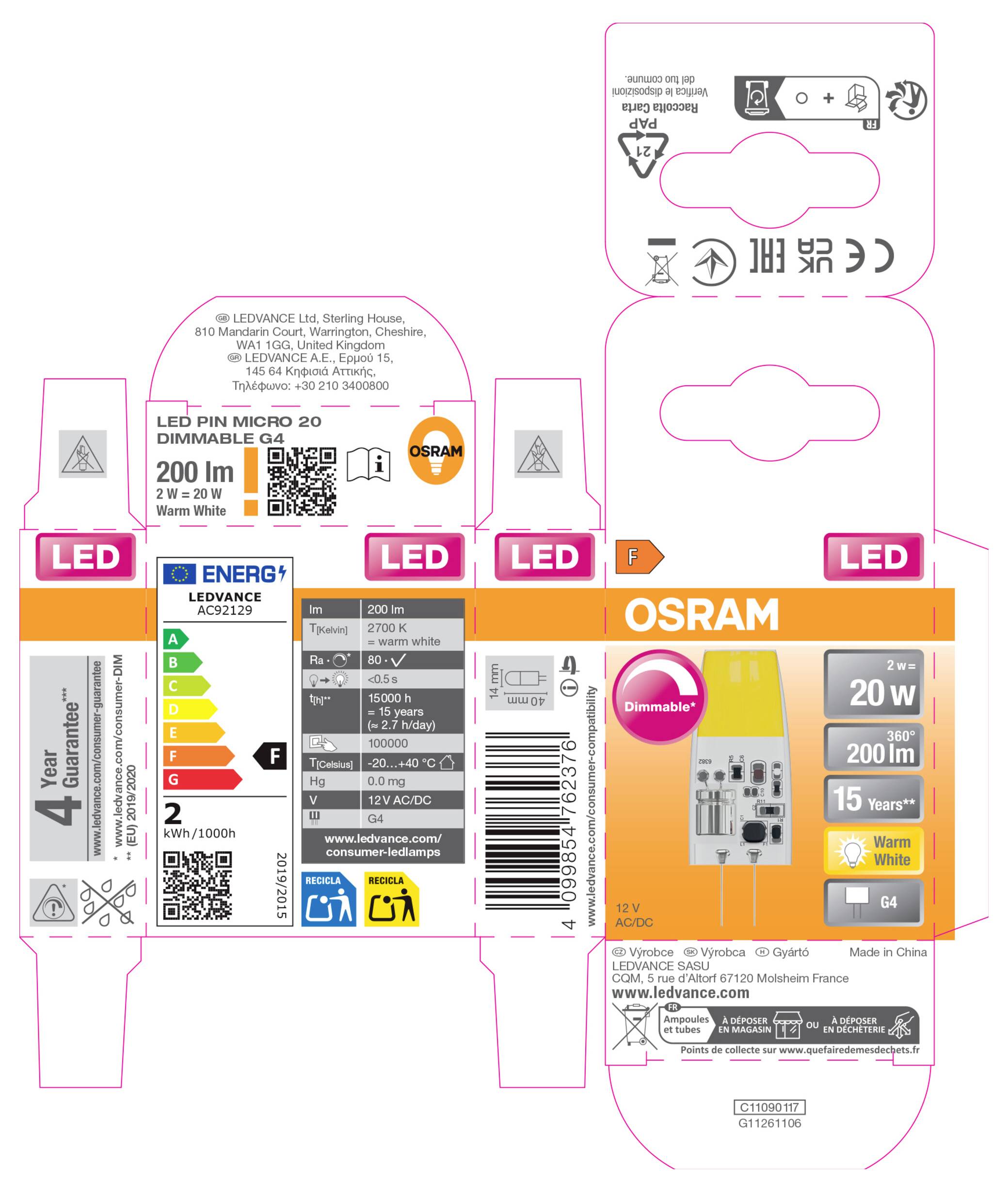 OSRAM LED-Röhrenleuchte neben ihrer Verpackung dargestellt, eine lange, schlanke weiße Glühbirne mit Metallendkappen und Produktkennzeichnung.