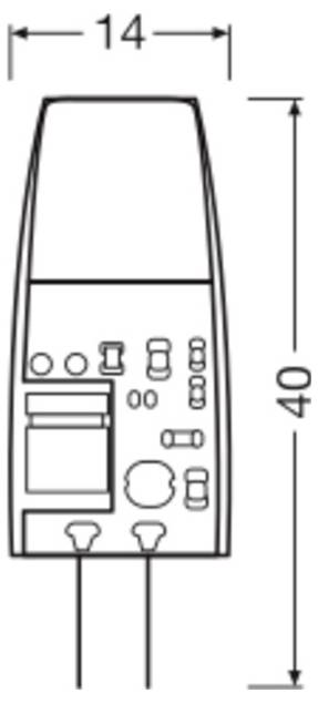 Technisches Diagramm eines kleinen Geräts oder einer Komponente, beschriftet mit 14 Breite und 40 Höhe, zeigt das Frontend-Layout mit Tasten, Anschlüssen und internen Abschnitten.